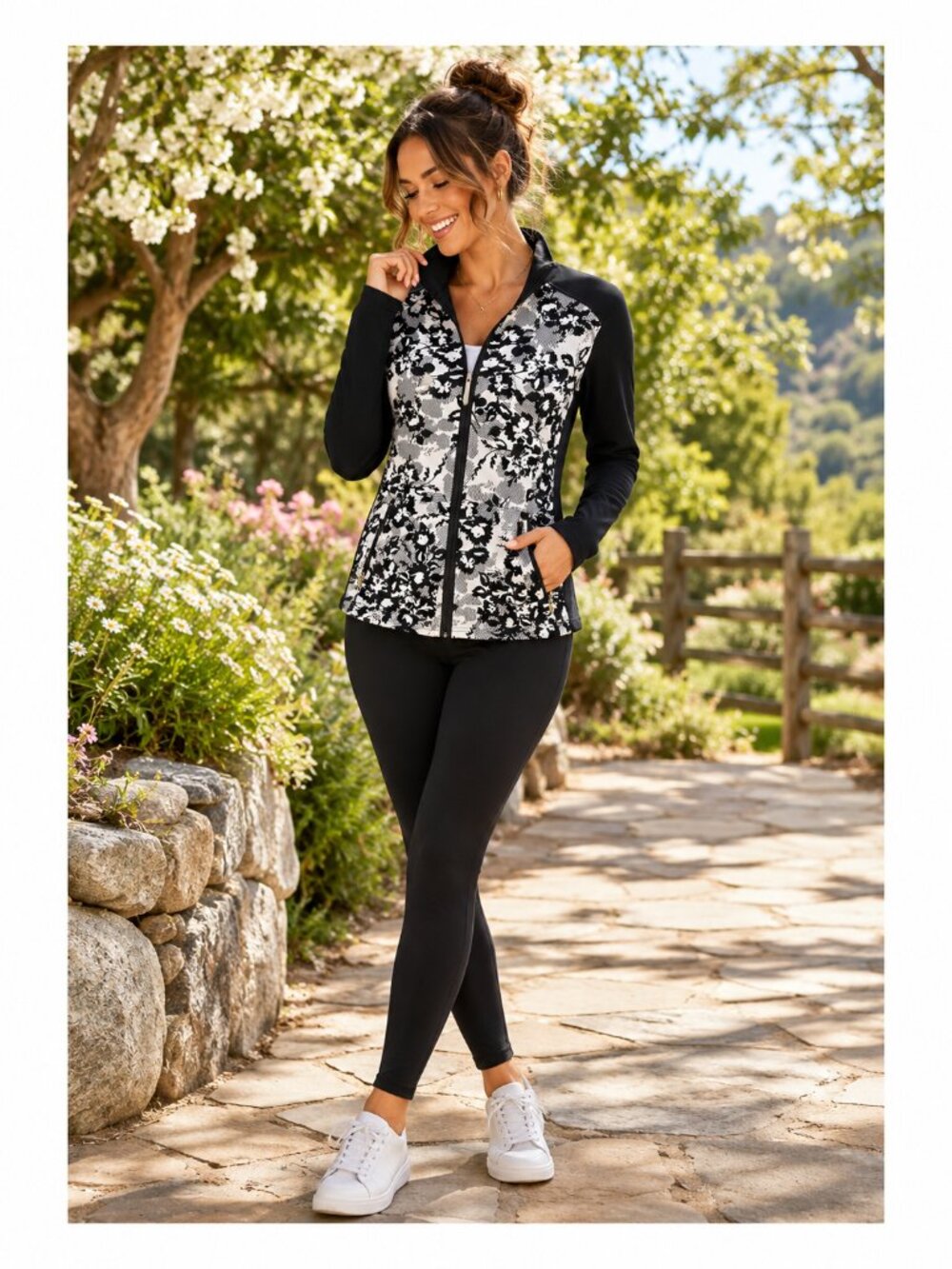 Laura Scott Petite XL Floral Full Zip Jacket Black White Lightweight Stretch Zip